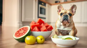A French Bulldog sitting next to a bowl of fresh safe fruits on a kitchen floor.
