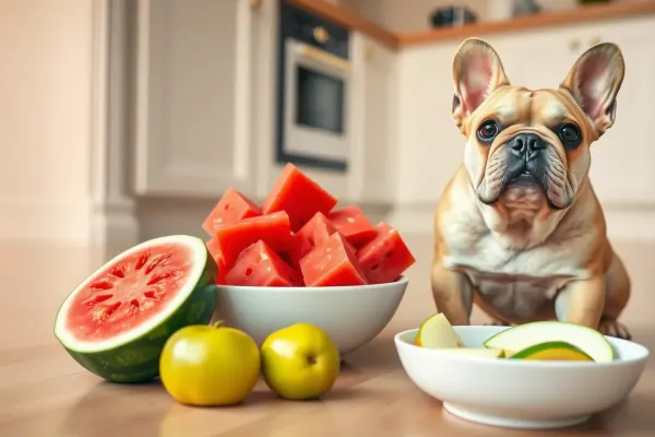 A French Bulldog sitting next to a bowl of fresh safe fruits on a kitchen floor.