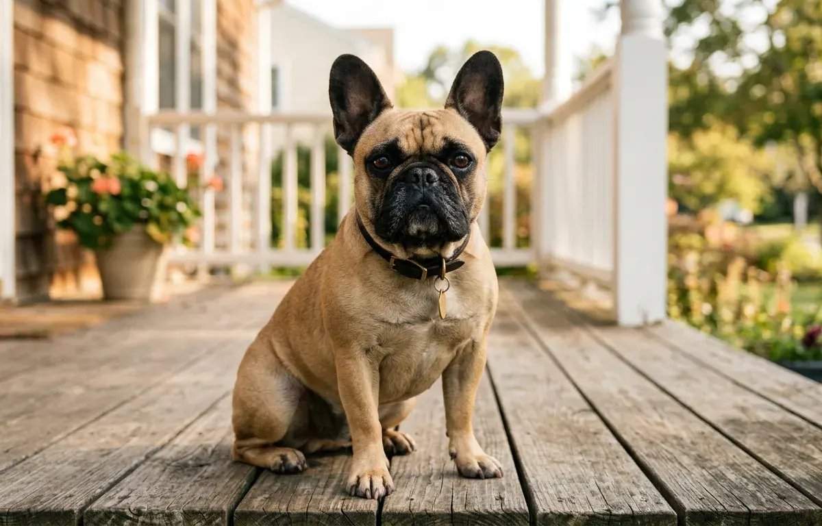 Adult fawn French Bulldog with erect bat ears sitting on a sunny American home porch