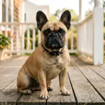Adult fawn French Bulldog with erect bat ears sitting on a sunny American home porch