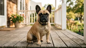 Adult fawn French Bulldog with erect bat ears sitting on a sunny American home porch