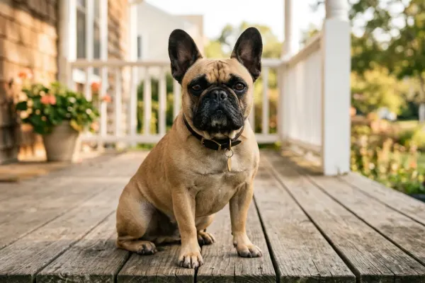 Adult fawn French Bulldog with erect bat ears sitting on a sunny American home porch