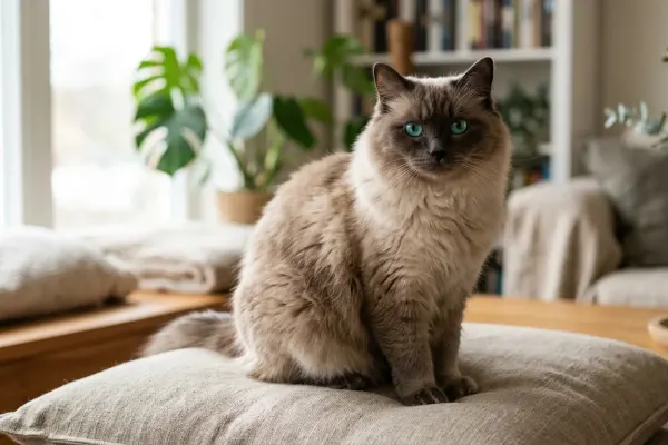 A mink Ragdoll cat featuring a plush seal point coat and signature aqua eyes.