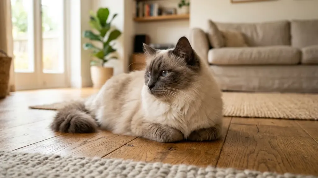 Adult mink Ragdoll cat lying peacefully on a hardwood floor showing plush coat texture.