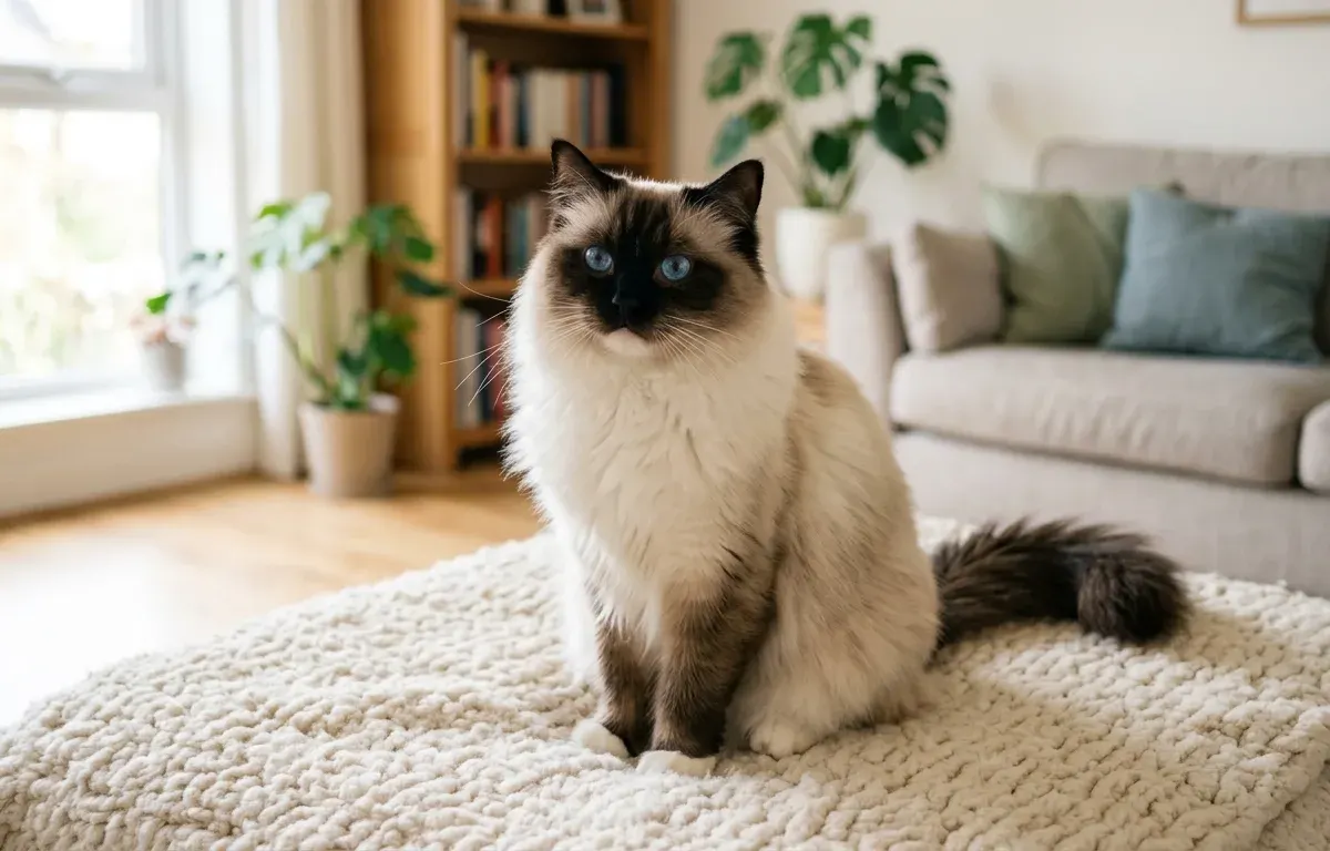 A stunning Ragdoll cat with bright blue eyes resting on a cream blanket