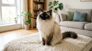 A stunning Ragdoll cat with bright blue eyes resting on a cream blanket