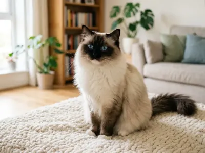 A stunning Ragdoll cat with bright blue eyes resting on a cream blanket