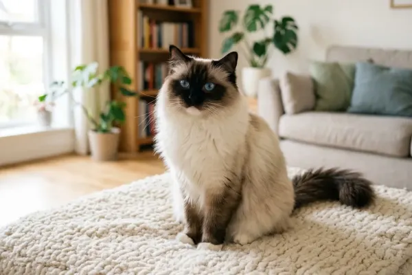 A stunning Ragdoll cat with bright blue eyes resting on a cream blanket