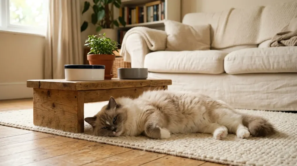 A relaxed Ragdoll cat demonstrating its calm and docile demeanor at home