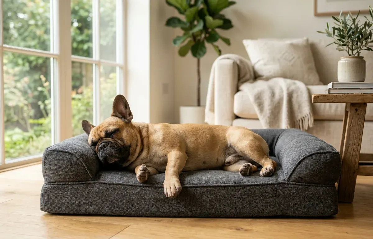 A French Bulldog lying comfortably on an orthopedic dog bed in a sunlit living room