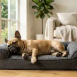 A French Bulldog lying comfortably on an orthopedic dog bed in a sunlit living room