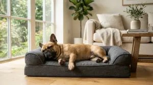 A French Bulldog lying comfortably on an orthopedic dog bed in a sunlit living room