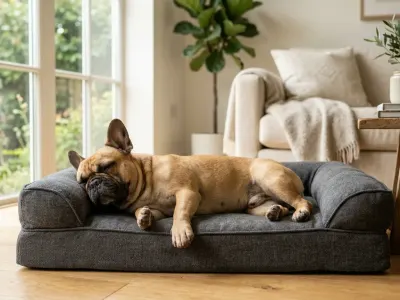 A French Bulldog lying comfortably on an orthopedic dog bed in a sunlit living room