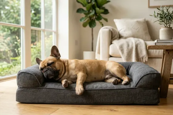 A French Bulldog lying comfortably on an orthopedic dog bed in a sunlit living room
