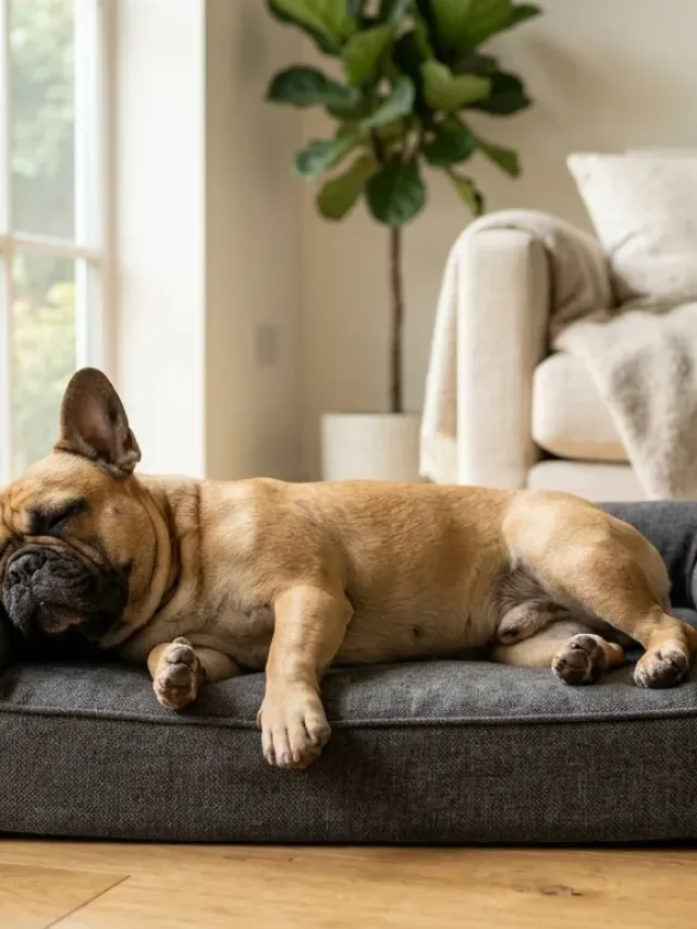 A French Bulldog lying comfortably on an orthopedic dog bed in a sunlit living room