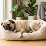 A fawn Pug dog resting comfortably in a bright home setting.