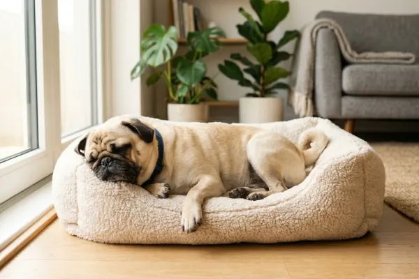A fawn Pug dog resting comfortably in a bright home setting.