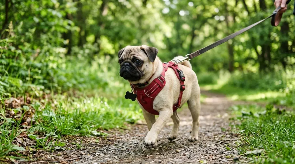 Fawn Pug wearing a supportive chest harness during an outdoor park walk
