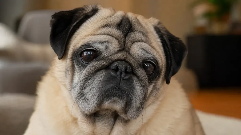 Senior Pug displaying graying facial fur around the muzzle and eyes
