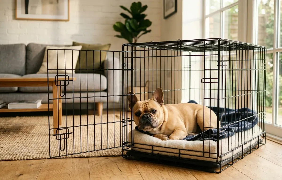 Adult French Bulldog sitting comfortably inside a properly sized wire dog crate.