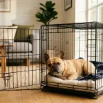 Adult French Bulldog sitting comfortably inside a properly sized wire dog crate.