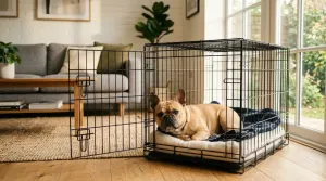 Adult French Bulldog sitting comfortably inside a properly sized wire dog crate.