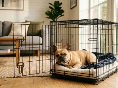 Adult French Bulldog sitting comfortably inside a properly sized wire dog crate.