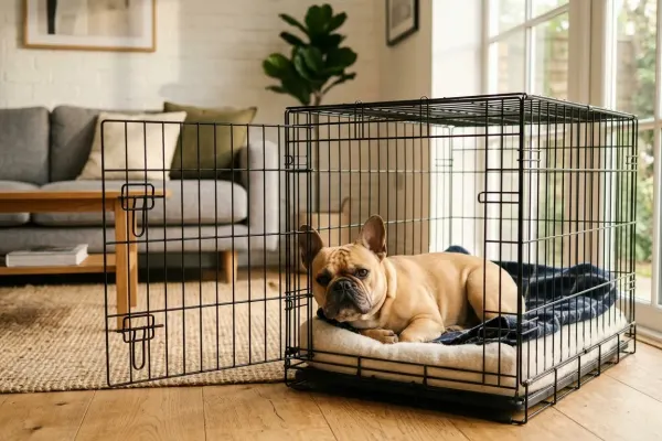 Adult French Bulldog sitting comfortably inside a properly sized wire dog crate.