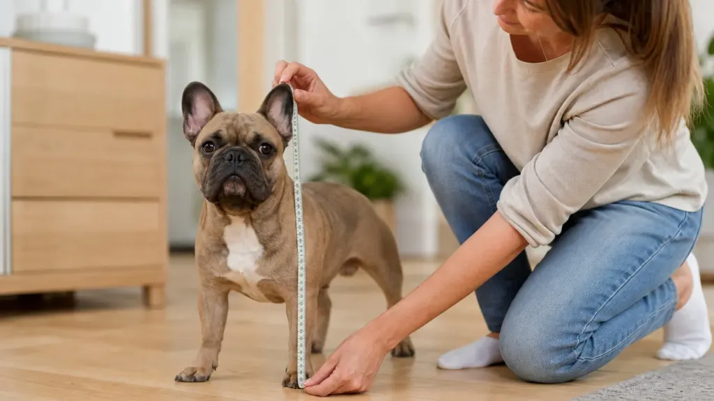 Measuring a French Bulldog's height from floor to ears for crate sizing.