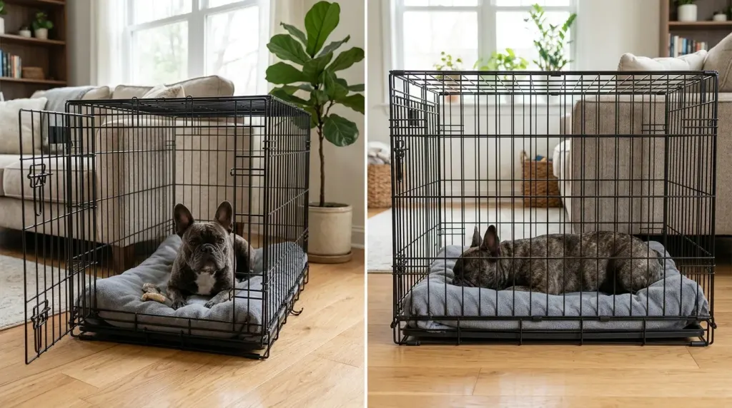 Wire dog crate providing maximum ventilation for a French Bulldog.