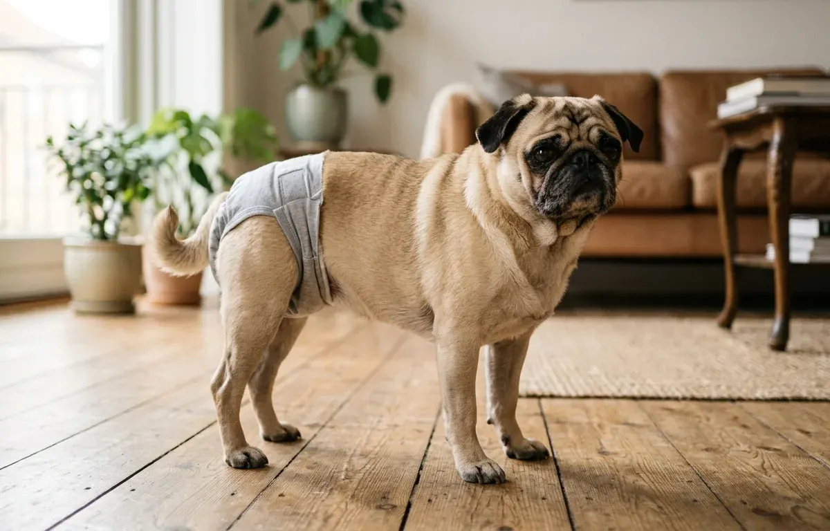 An adult Pug standing comfortably in a living room wearing a properly fitted dog diaper