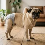 An adult Pug standing comfortably in a living room wearing a properly fitted dog diaper