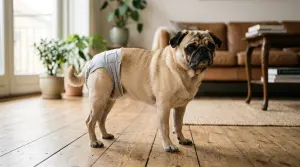 An adult Pug standing comfortably in a living room wearing a properly fitted dog diaper
