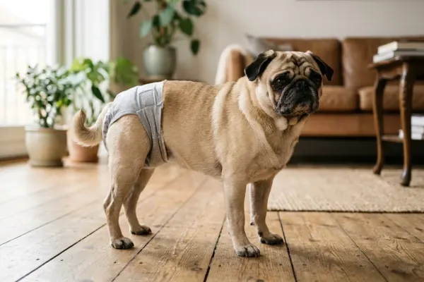 An adult Pug standing comfortably in a living room wearing a properly fitted dog diaper