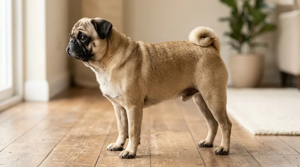 Physical features and compact build of a Pug toy dog breed