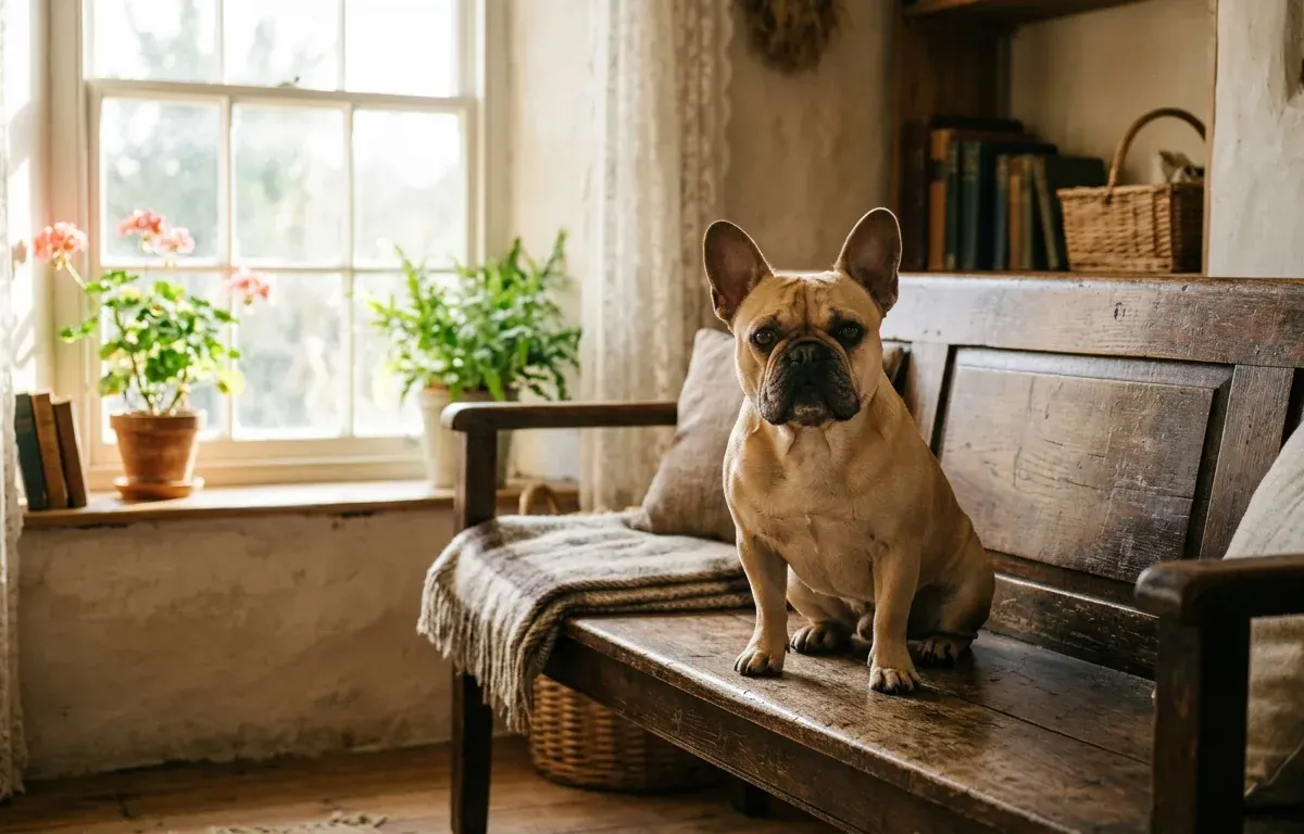 Fawn French Bulldog sitting on a vintage wooden bench in a warm room