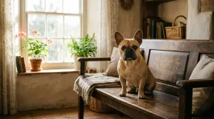 Fawn French Bulldog sitting on a vintage wooden bench in a warm room