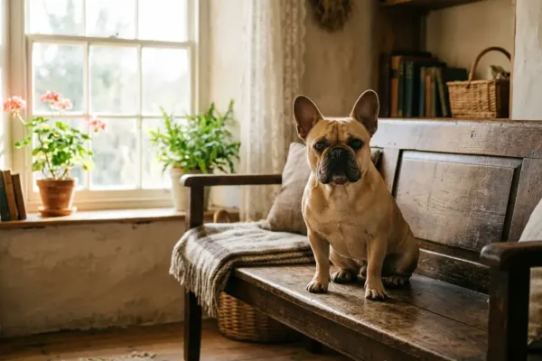 Fawn French Bulldog sitting on a vintage wooden bench in a warm room