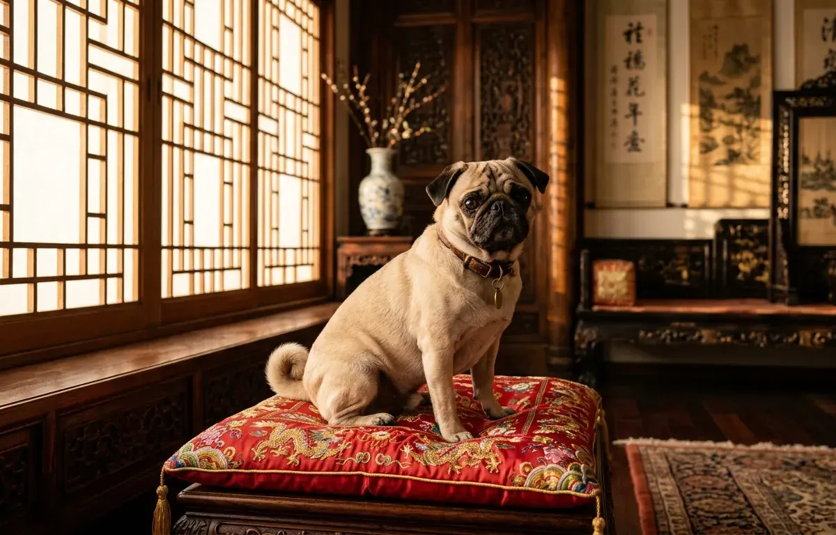 A fawn Pug dog resting comfortably on a silk cushion indoors