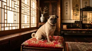A fawn Pug dog resting comfortably on a silk cushion indoors