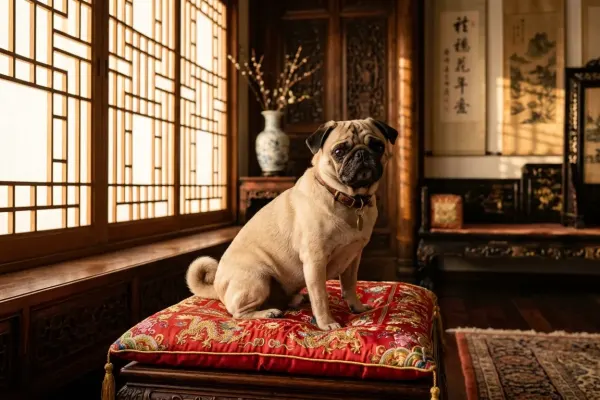 A fawn Pug dog resting comfortably on a silk cushion indoors