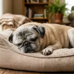 A senior fawn Pug with a graying muzzle resting comfortably on a dog bed indoors.