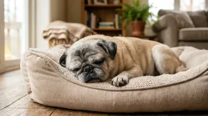 A senior fawn Pug with a graying muzzle resting comfortably on a dog bed indoors.