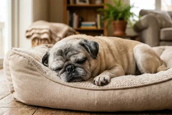 A senior fawn Pug with a graying muzzle resting comfortably on a dog bed indoors.