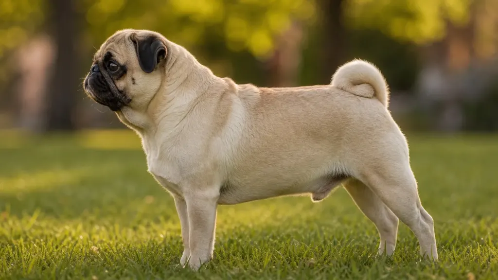 An adult fawn Pug standing on a green grass lawn.