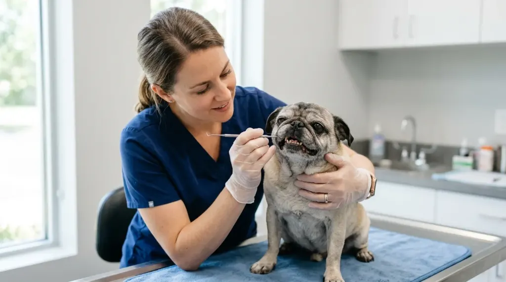 A veterinarian examining the teeth of a senior Pug during a medical checkup.
