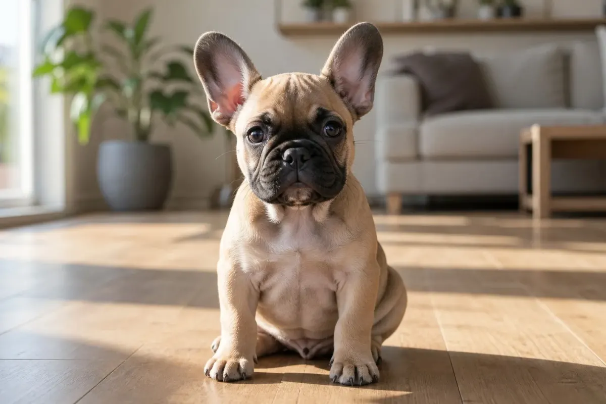 A French Bulldog puppy sitting erect with fully standing bat ears in a sunlit home setting.
