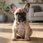 A French Bulldog puppy sitting erect with fully standing bat ears in a sunlit home setting.