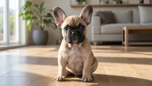 A French Bulldog puppy sitting erect with fully standing bat ears in a sunlit home setting.