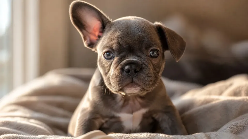 French Bulldog puppy showing one ear standing up and one ear folded during growth phase.